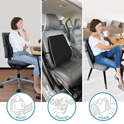  Bonmedico Back Support Pillow - Car Seat, Desk And Office Chair Cushion For Posture And Lumbar Support - Ergonomic, Memory Foam Lower Back Pillows - Black - Standard
