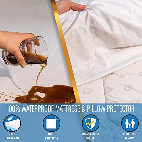  Waterproof Mattress Protector Queen Size With 2 Zippered Pillow Covers - Breathable, Hypoallergenic, Cotton Terry Mattress Cover For Safe, Noiseless, Non-Sweaty 8" To 14" Deep Mattress