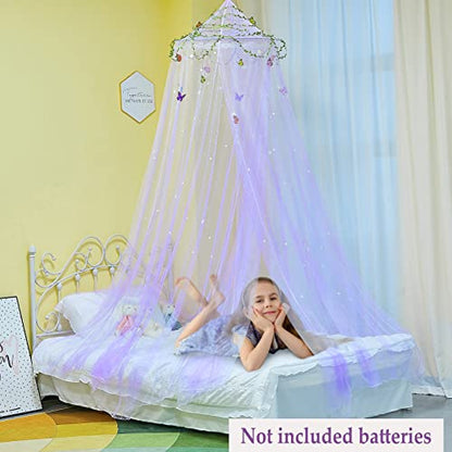  FIOBEE Bed Canopy For Girls Room Bed Canopy Curtains With Led Lights Mosquito Net DIY Princess Room Décor With Stars Butterflies For Kids Bedroom, Purple