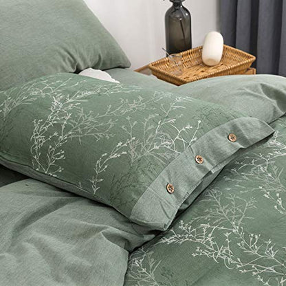  OREISE Duvet Cover Set Full/Queen Size Washed Cotton Yarn, Jacquard Green And White Thin Branch Pattern Floral Style 3Piece Bedding Set