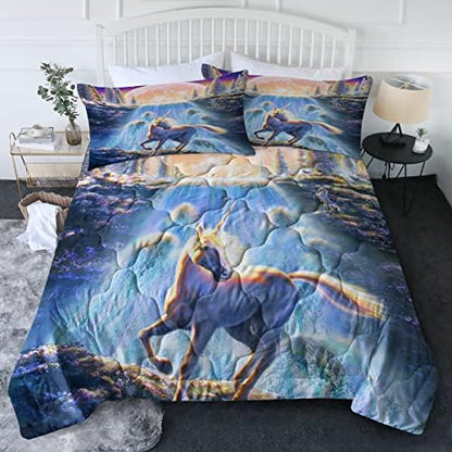  BlessLiving 3 Piece Unicorn Comforter Set With Pillow Shams Cartoon Unicorn Bedding Set With 3D Printed Designs Reversible Comforter Full/Queen Size Bedding Sets, Rainbow