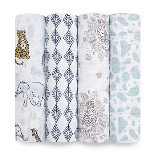  Aden + Anais Swaddle Blanket, Boutique Muslin Blankets For Girls & Boys, Baby Receiving Swaddles, Ideal Newborn & Infant Swaddling Set, Perfect Shower Gifts, 4 Pack, Jungle Jam