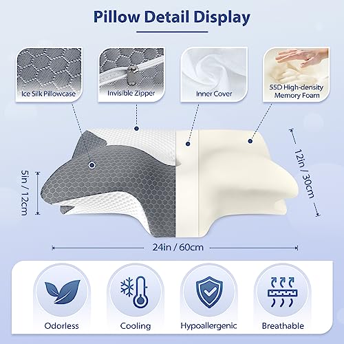  HOMCA Cervical Pillow - Ergonomic Memory Foam Pillow For Neck And Shoulder Pain Relief With Cooling Ice Silk Pillowcase, Orthopedic Neck Bed Pillow For Side, Back And Stomach Sleepers