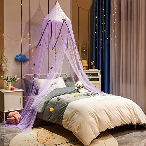  Bed Canopy With Stars And Crown, 7 Doors Mosquito Net Bed Canopy For Girls, Princess Canopy For Girls Bed Room Decor, Encrypted Fabric, Purple