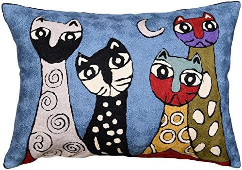  Kashmir Designs Cat Pillow Cover | Kitty Accent Pillow | Modern Cats Cushion | Colorful Cat Pillows | Cat Face On Pillow | Cat Lover Gift | Hand Embroidered Cushions | Wool Size - 18x18