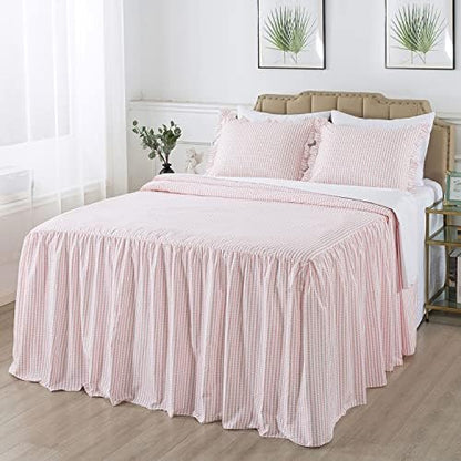  4 Pieces Ruffle Skirt Bedspread Queen With 30 Inches Drop Ruffled Style Coverlet Bedspread With 2 Shams And 1 Area Rug - Shrinkage And Fade Resistant Shabby Chic Bedding Quilt Set, Cream
