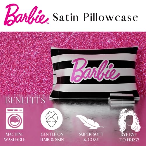  Franco Collectibles Barbie Movie Black & White Striped Beauty Silky Satin Standard Pillowcase Cover 20x30 For Hair And Skin, (Official Licensed Product)