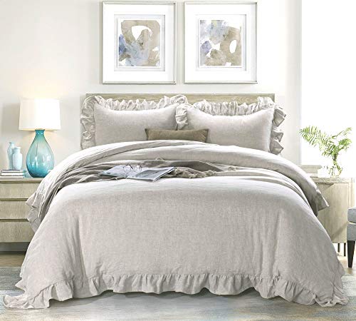  MEADOW PARK 100% Stone Washed Linen Duvet Cover Set 3 Pieces, Queen Size 90 Inches X 92 Inches, Shams 20 Inches X 26 Inches, Ruffled Style, Button Closure, Corner Ties, Super Soft, Solid Natural Color