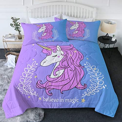  BlessLiving 3 Piece Unicorn Comforter Set With Pillow Shams Cartoon Unicorn Bedding Set With 3D Printed Designs Reversible Comforter Twin/Twin XL Size Bedding Sets, Rainbow
