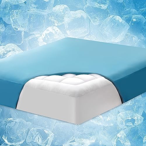  ELEMUSE Cooling Blue Queen Dual Layer Mattress Pad Cover, Cool-to-Touch Fitted Sheet Plus Soft Mattress Topper For Hot Sleepers, Supportive Pillowtop Mattress Protector With Fluffy Filling