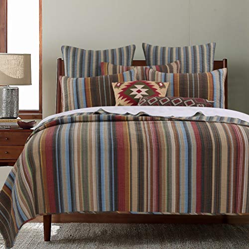  3 Piece Western Color Stripe Quilt Full Queen Set, Southwest Spirit Striped Bedding, Traditional Country Southwestern Vertical Stripes Themed Pattern, Blue Beige Brown Burgundy Dark Red Burnt Orange