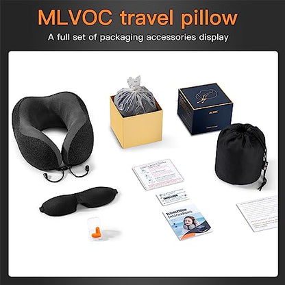  MLVOC Travel Pillow 100% Pure Memory Foam Neck Pillow, Comfortable & Breathable Cover, Machine Washable, Airplane Travel Kit With 3D Contoured Eye Masks, Earplugs, And Luxury Bag, Standard (Black)