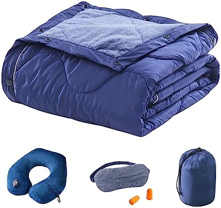  Commollis 4-in-1 Airplane Essentials-Travel Blanket And Pillow Set For Airplanes - Includes Blanket, Inflatable Pillow, Eye Mask, And Earplugs