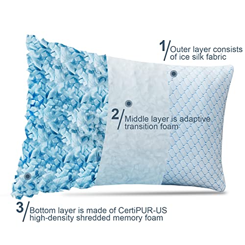  Cooling Bed Pillows For Sleeping 2 Pack Shredded Memory Foam Pillows - Adjustable Pillows Standard Size Set Of 2 For Side Back Sleepers - Luxury Extra Comfy Gel Pillows With Washable Removable Cover