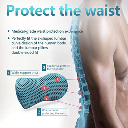  Kasney Lumbar Support Pillow Ergonomic Memory Foam Lumbar Pillow, Relieve Back Pain, CMFY Breathable & Detachable & Washable, Perfect Back Pillow For Office Chairs, Car Seats, Beds (Blue)