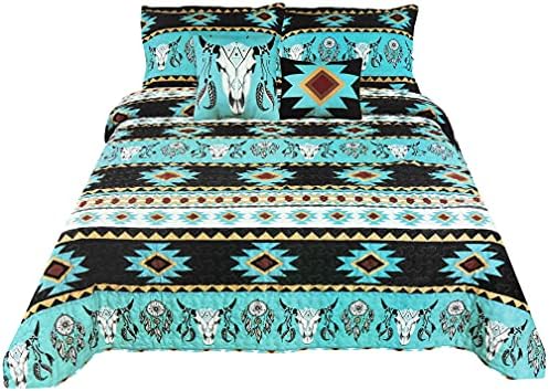  Western Peak 5 Piece Bull Skull Native Tribal Feather Artisan Southwestern Boho Design Quilt Bedding Set With Shams And Decorative Pillows (Black Teal, Queen)