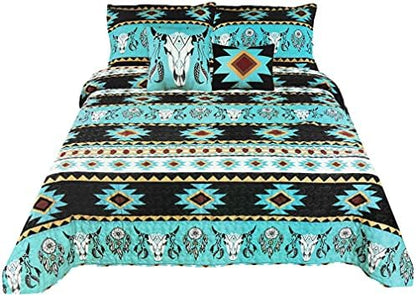  Western Peak 5 Piece Bull Skull Native Tribal Feather Artisan Southwestern Boho Design Quilt Bedding Set With Shams And Decorative Pillows (Black Teal, Queen)