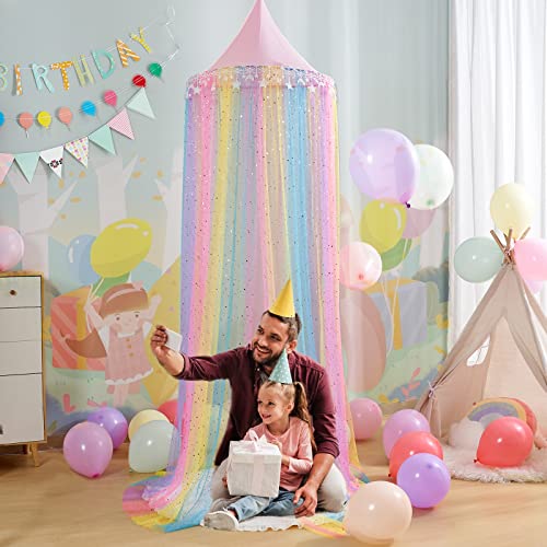  Rainbow Bed Canopy For Girls,Shiny Kids Princess Round Dome Bed Curtain With Star Moon Glitter,Kids Crib Canopy Play Tent Canopy Dreamy Bed Netting For Girls Bedroom Decor Children Reading Corners