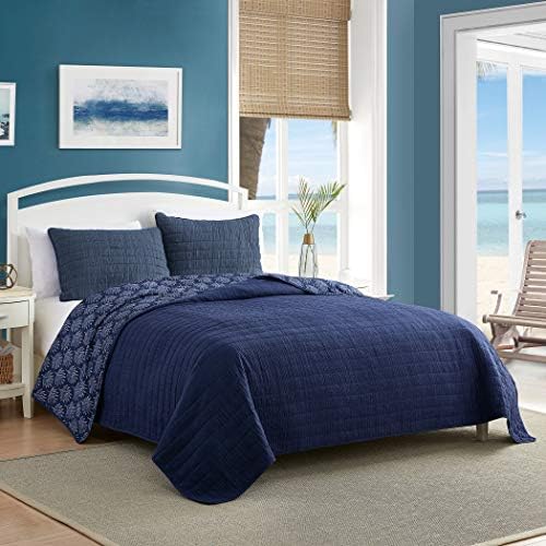  Luxury All Season Ultra Soft Enzyme Washed Reversible 1-Piece Quilt Coastal Pattern Crinkle Coverlet Bedspread, Full/Queen, Navy Blue Palm Leaves