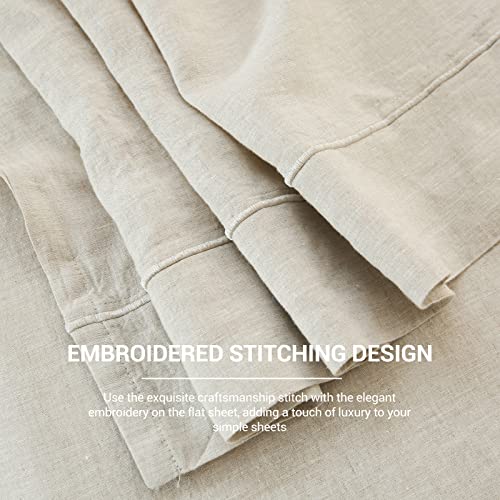  Simple&Opulence French Linen Flat Sheet With Embroidered Border-100% Stone Washed Flax Bedding,Queen Size(90''x102'') Ultra Soft,Breathable Flat Top Sheet-1 Piece Bed Flat Sheet Only(Linen)