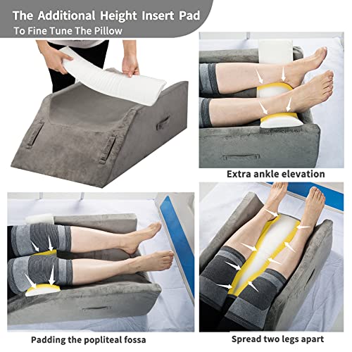  WDBBYL Elevation Wedge Pillow For Double Legs,Wide U-Shaped Groove Design With Etra Insert Pad,Ankle Knee Support Cushion For Injure,Foot Rest,Edema Reduce,3 Handles,Washable Velour Cover,Deep Gray