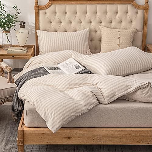  PURE ERA Jersey Knit Duvet Cover Set 100% T-Shirt Heather Cotton Super Soft Comfy Classic Striped Design, With Zipper Closure, Forest Green Stripe, Queen