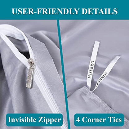  MISERRO Gray Duvet Cover Queen Size - Silky Soft For Hair And Skin Duvet Cover Set 3 Pieces With Zipper Closure, 1 Duvet Cover And 2 Pillow Shams