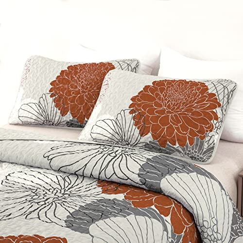  Floral Pattern Quilt Set Queen Burnt Orange Bedspread 3 Pieces Coverlet Soft Lightweight Bed Cover With 2 Pillow Shams For All Season 90"x96"