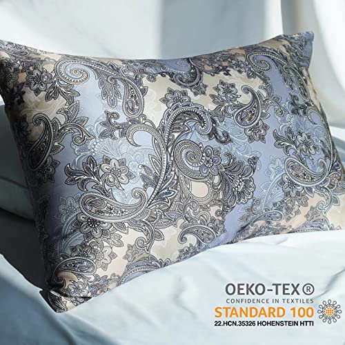  FELYSIK Blue Gray Paisley Silk Pillowcase For Hair And Skin - Queen 20"x30", 22 Momme 100% Mulberry Silk Floral Print Pillow Cases With Zipper