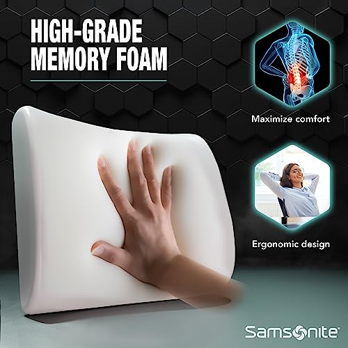  SAMSONITE Lumbar Support Pillow For Office Chair And Car Seat, Perfectly Balanced Memory Foam , Versatile Use Lower Back Cushion