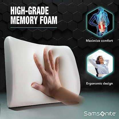  SAMSONITE Lumbar Support Pillow For Office Chair And Car Seat, Perfectly Balanced Memory Foam , Versatile Use Lower Back Cushion