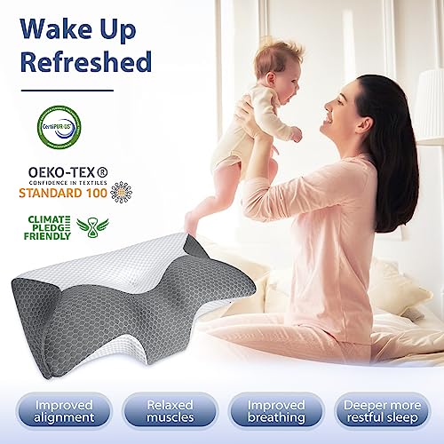  HOMCA Cervical Pillow - Ergonomic Memory Foam Pillow For Neck And Shoulder Pain Relief With Cooling Ice Silk Pillowcase, Orthopedic Neck Bed Pillow For Side, Back And Stomach Sleepers