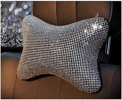  HappyERA 1Pc Bling Rhinestones Leather Car Seat Lumbar Pillow, Crystal Diamond Lumbar Support Cushion For Girls Women - White