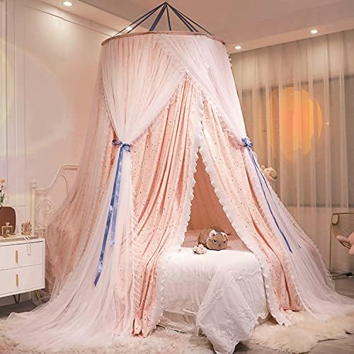  Luxurious Bed Canopy For Girls & Adults, Large Elegant Double Layer Bed Curtain Canopy Drapes, Round Dome Lace Princess Canopies Netting (Pink)