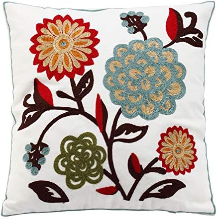  Oneslong Throw Pillow Case Covers - Set Of 2-100% Cotton, Decorative Floral Embroidered Design On Solid Natural White Background For Couch, Sofa, Bed - 18 X 18 Inches - Cushion Not Included