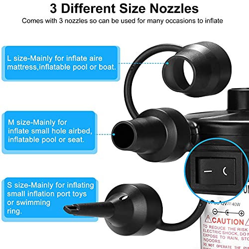  Electric Air Pump For Inflatables -Quick Fill Portable Air Mattress Pump With 3 Nozzles 110V AC/12V DC -2 In 1 Inflator/Deflator Pump For Inflatable Couch Boat Blow Up Chair Pool Float Airbed