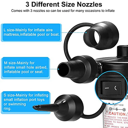  Electric Air Pump For Inflatables -Quick Fill Portable Air Mattress Pump With 3 Nozzles 110V AC/12V DC -2 In 1 Inflator/Deflator Pump For Inflatable Couch Boat Blow Up Chair Pool Float Airbed