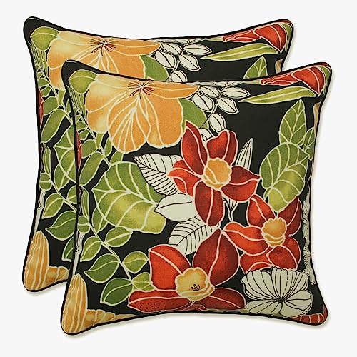  Pillow Perfect Tropic Floral Outdoor Throw Accent Pillow, Plush Fill, Weather, And Fade Resistant, Medium Square - 16.5" X 16.5", Black/Green Clemens, 2 Count
