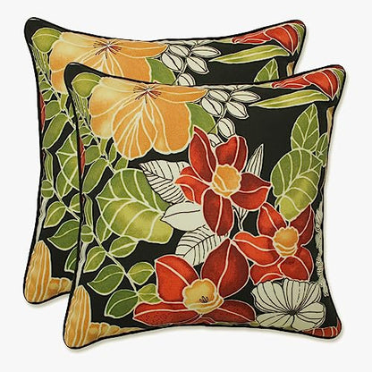  Pillow Perfect Tropic Floral Outdoor Throw Accent Pillow, Plush Fill, Weather, And Fade Resistant, Medium Square - 16.5" X 16.5", Black/Green Clemens, 2 Count