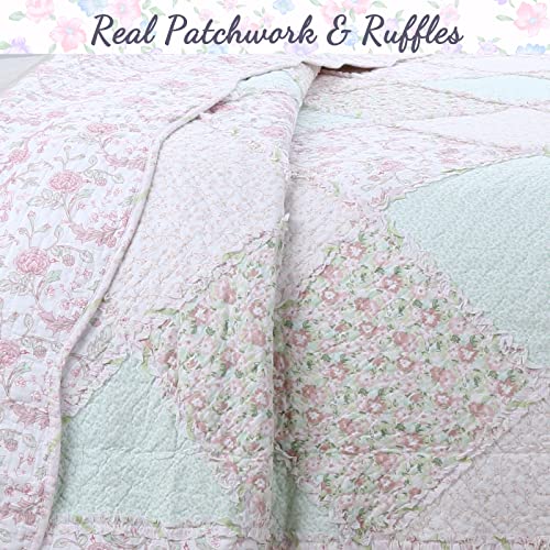  Cozy Line Home Fashions 100% Cotton Real Patchwork Floral Pink Rose Shabby Chic Girly Reversible Quilt Bedding Set, Coverlet Bedspread (La Rosa Rêve, King - 3 Piece)