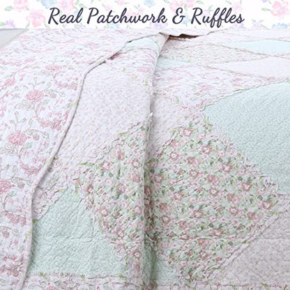  Cozy Line Home Fashions 100% Cotton Real Patchwork Floral Pink Rose Shabby Chic Girly Reversible Quilt Bedding Set, Coverlet Bedspread (La Rosa Rêve, King - 3 Piece)