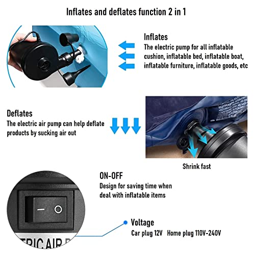  Electric Air Pump, Portable Air Pump With 3 Nozzles, Quick-Fill Inflator/Deflator, 110V AC/12V Car Charge, For Outdoor Camping, Inflatable Cushions, Air Mattress Beds, Boats, Swimming Ring