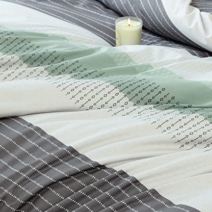  JANZAA Queen Comforter Set Sage Green Comforter Soft Microfiber Queen Bed Set 3 Piece Striped Comforter Set With 2 Pillow Cases Lightweight Fluffy Bedding Down Alternative For All Season