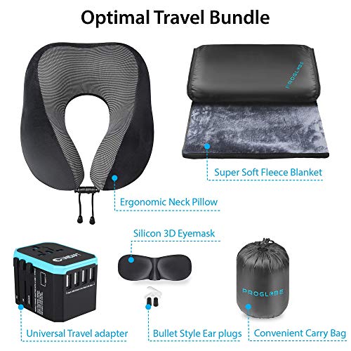  Proglobe Travel Accessories, Luxury Traveling Blanket Set With Universal Travel Charger Adapter For More Than 160 Countries. Great Kit For Airplane And All Travels