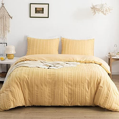  WARMDERN White Boho Duvet Cover Set Queen Size, Striped Textured Tufted Bedding Set, 3 Pcs Ultra Soft Washed Microfiber With Zipper Closure (Queen, White)