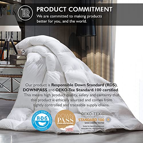  Luxurious King/California King Size Goose Down Fiber Comforter Down Feather Fiber Duvet, 100% Egyptian Cotton Cover, 58 Oz. Fill Weight, Baffle Box Design, White Solid