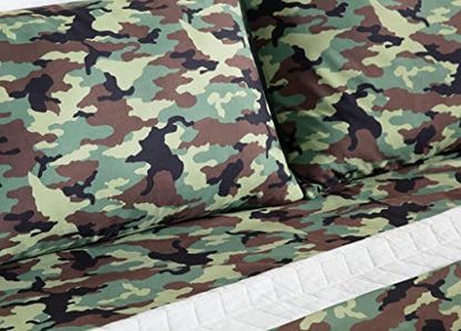  Military Camo 4-Piece Sheet Set - Camouflage Army Green Printed Soft Microfiber Sheets, Full Size