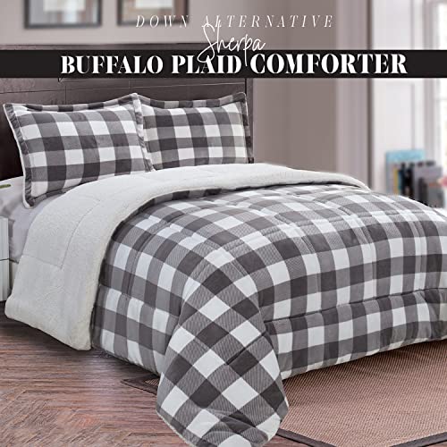  Elegant Comfort 3-Piece Buffalo Lodge-Plaid Comforter Set, Luxurious, Heavyweight, All Season, Down Alternative-Micromink Sherpa-Backing Reversible Micro-Suede, Soft And Plush, Queen, Gray/White