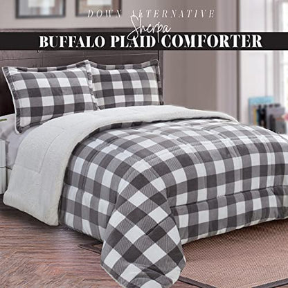  Elegant Comfort 3-Piece Buffalo Lodge-Plaid Comforter Set, Luxurious, Heavyweight, All Season, Down Alternative-Micromink Sherpa-Backing Reversible Micro-Suede, Soft And Plush, Queen, Gray/White