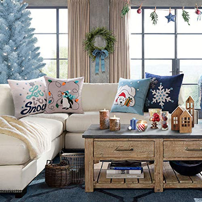  Phantoscope Set Of 4 Merry Christmas Decorative Velvet Throw Pillow Covers Xmas Cushion Cover With Embroidered Lantern, Penguin, Bear, Snowflake For Couch Sofa Bed, Blue, 18 X 18 Inches